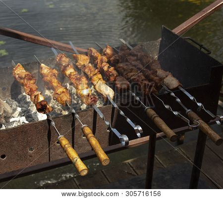Shashlik Of  Mutton, Beef Or Chicken Meat On The Barbeque Outdoor At The River Side Or Sea Coast