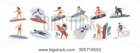 Collection Of Cute Funny People In Swimwear Surfing In Sea Or Ocean. Bundle Of Happy Surfers In Beac