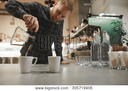 Professional Barista Spills Fresh Brewed Pour-over Made Of The Best Arabica Roasted Beans In The Cof