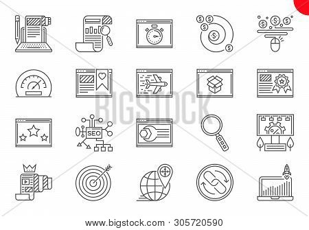 Seo Line Icons Set. Seo Related Vector Line Icons. Website And App Design And Development. Simple Mo
