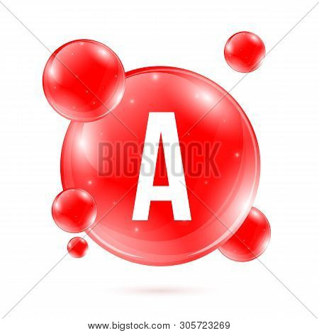 Creative Illustration Of Vitamin A. Chemical Formula, Retinol, Beta Carotene, Retinal. Drop Pill Cap