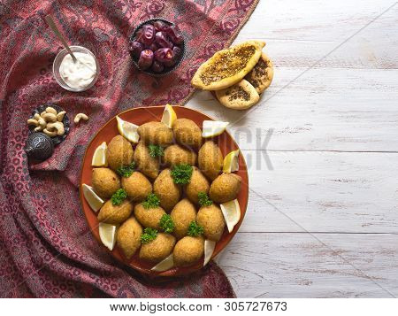 Arabic Meat Appetizer Kibbeh. Traditional Arabic Kibbeh With Lamb And Pine Nuts.