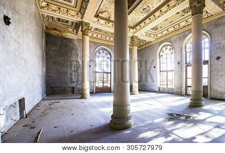 Tskaltubo, Georgia - April 27, 2019: Detail Of The Abandoned Soviet Sanatorium Meshakhte In Tskaltub