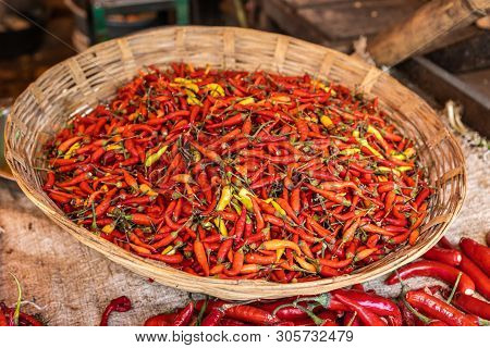 Makassar, Sulawesi, Indonesia - February 28, 2019: Terong Street Market. Closeup Of Brown  Basket Fi