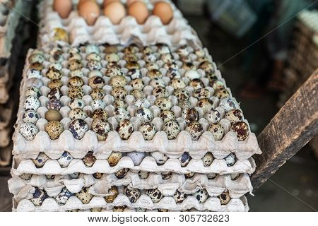 Makassar, Sulawesi, Indonesia - February 28, 2019: Terong Street Market. Closeup Of Stack Of White C