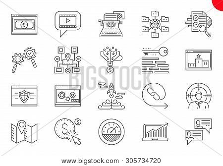 Seo Line Icons Set. Seo Related Vector Line Icons. Website And App Design And Development. Simple Mo