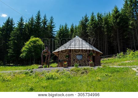 Cinod, Romania-10 June 2019: Ecumenical Chapel , Build With Pine Wood And Mortar In The Carpathian M