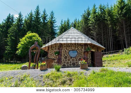 Cinod, Romania-10 June 2019: Ecumenical Chapel , Build With Pine Wood And Mortar In The Carpathian M
