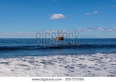 Beautiful And Quiet Beach Masca. Pirate Ship Coming To The Island.. Volcanic Island. Mountains Of Th
