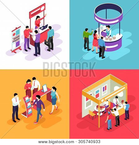 Isometric Expo Design Concept With Images Of Exhibit Stands And People Characters Looking Into Exhib