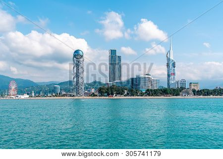 Batumi, Georgia - 08.05.2019: View From Sea To Resort Town Cityscape With Skyscrapers And Alphabet T