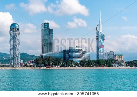 Batumi, Georgia - 08.05.2019: View From Sea To Resort Town Cityscape With Skyscrapers And Alphabet T