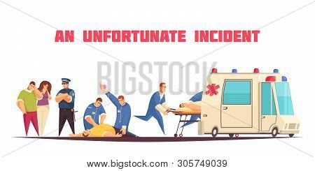 Flat Colored Ambulance Composition With An Unfortunate Incident Description And Patient Care Vector 