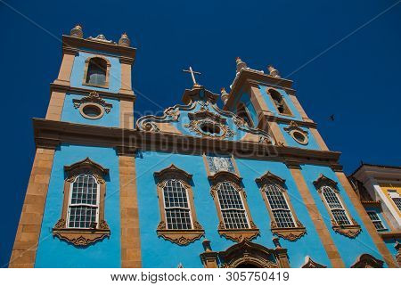 Salvador, Brazil: The Largo Do Pelourinho. Blue Catholic Church Nossa Senhora Do Ros Rio Dos Pretos.