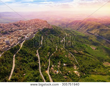 Lombardy Castle In Enna Sicily, Italy. Aerial Photo.