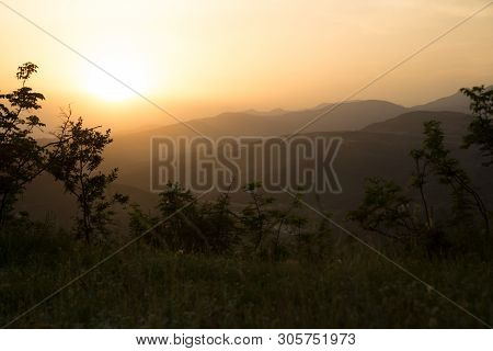 Beautiful Landscape In The Mountains With The Sun At Dawn. Mountains At The Sunset Time. Azerbaijan 