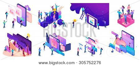 Isometric Bright Concepts With Teenagers Or Young Entrepreneurs To Create Websites And Develop Mobil