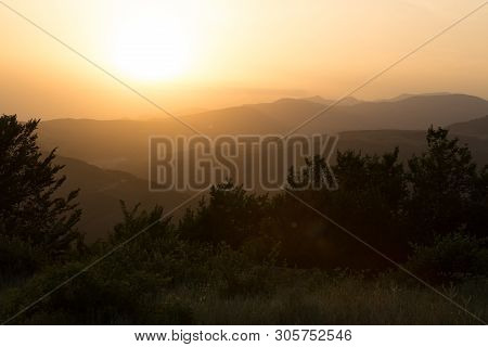 Beautiful Landscape In The Mountains With The Sun At Dawn. Mountains At The Sunset Time. Azerbaijan 