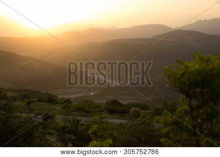 Beautiful Landscape In The Mountains With The Sun At Dawn. Mountains At The Sunset Time. Azerbaijan 