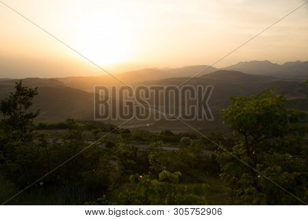 Beautiful Landscape In The Mountains With The Sun At Dawn. Mountains At The Sunset Time. Azerbaijan 