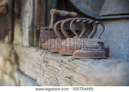 Old Rusty Irons. Retro Domestic Tools. Vintage Irons In Lagich, Azerbaijan