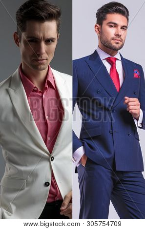 Collage image of two elegant man dreesed in suit and posing on gray studio background