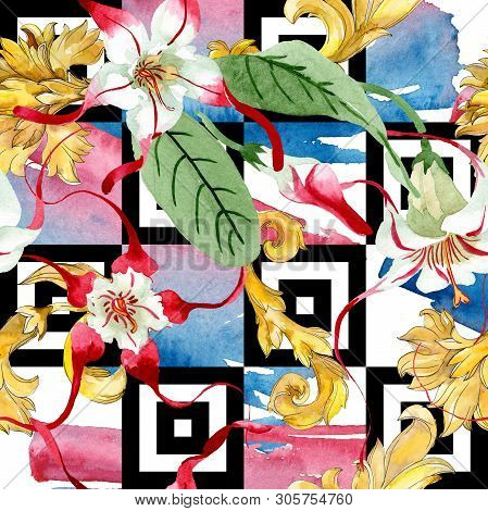 Red White Strophantus Floral Flowers. Watercolor Background Illustration Set. Seamless Background Pa