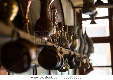 Coppersmith Workshop And Hand Made Copper Things, Lahich, Azerbaijan. Interior Of Coppersmith Worksh