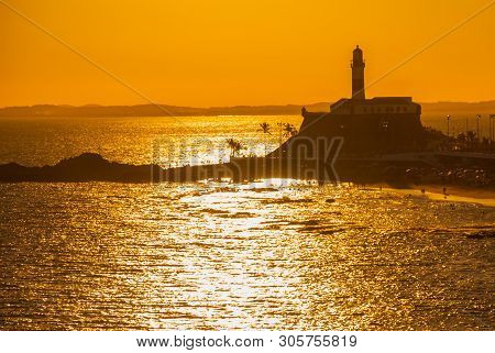 Salvador, Brazil: Portrait Of The Farol Da Barra Salvador Brazil Lighthouse. Beautiful Landscape Wit