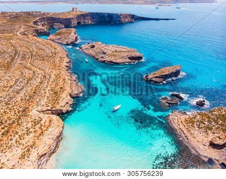 Panorama Beach Blue Lagoon Comino Malta. Aerial View