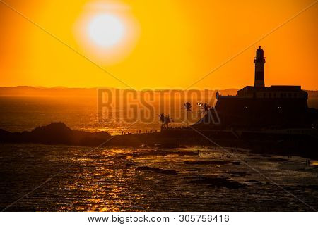 Salvador, Brazil: Portrait Of The Farol Da Barra Salvador Brazil Lighthouse. Beautiful Landscape Wit