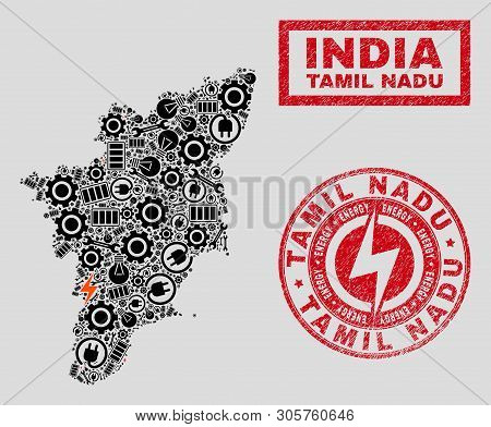 Composition Of Mosaic Electricity Tamil Nadu State Map And Grunge Stamps. Mosaic Vector Tamil Nadu S
