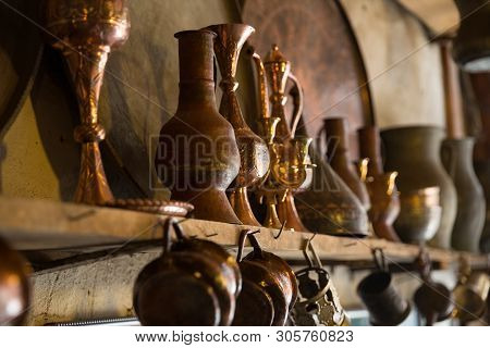 Coppersmith Workshop And Hand Made Copper Things, Lahich, Azerbaijan. Interior Of Coppersmith Worksh