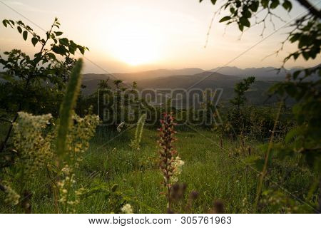 Beautiful Landscape In The Mountains With The Sun At Dawn. Mountains At The Sunset Time. Azerbaijan 