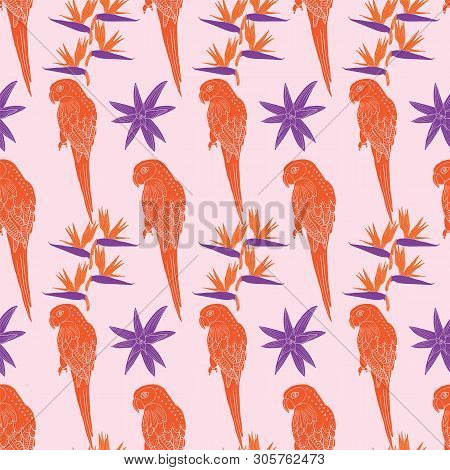 Vector Parrots And Tropical Flowers Seamless Pattern On Pink Background