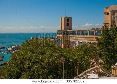 Salvador, Bahia, Brazil: Lacerda Elevator And All Saints Bay Baia De Todos Os Santos In Salvador.