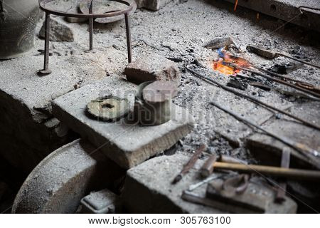 Coppersmith Workshop And Hand Made Copper Things, Lahich, Azerbaijan. Interior Of Coppersmith Worksh