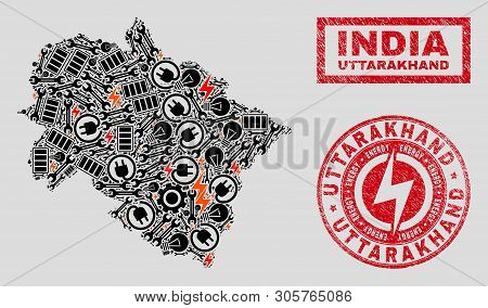 Composition Of Mosaic Power Supply Uttarakhand State Map And Grunge Stamp Seals. Mosaic Vector Uttar