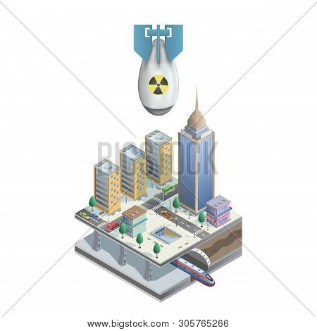 Nuclear War. Atomic Bomb Falling On The Isometric City. Atom Aviation Bomb Falls On The Town. Vector