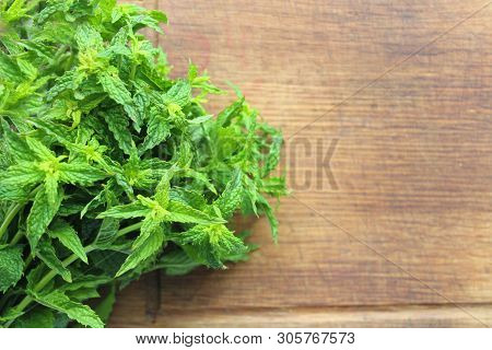 A Bunch Of Fresh Green Mint On A Wooden Rustic Table. Copy Space.