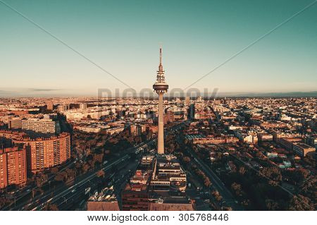 MADRID, SPAIN â MAY 13, 2018: Torrespana or Spain Tower is a television tower for National terrestrial television channels RTVE, Telecinco, Antena 3 and Telemadrid.