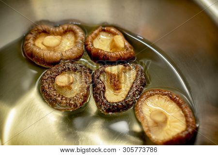 Dried Mushrooms Rehydrate Soak In Water In A Mixing Bowl