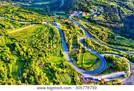 Aerial View Of A Winding Road In The Dinaric Alps, Slovenia