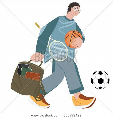 Cheerful Teenager, Cartoon Image, With Backpack, Tennis Racket, Basketball Ball, Soccer Ball - Goes 