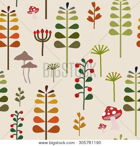 Autumn Herbal Seamless Pattern, Fall Nature Surface Pattern Background Forest Floor Repeat Pattern F