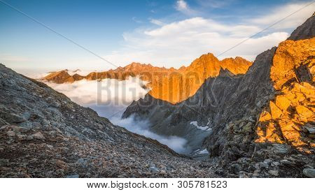 Mountains Landscape With Inversion At Sunset As Seen From Sedlo Vaha In High Tatras, Slovakia