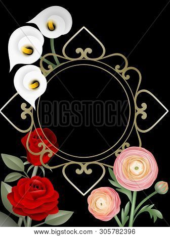 Vintage Round Golden Decoration Frame With White Callas, Peachy Ranunculus And Red Roses