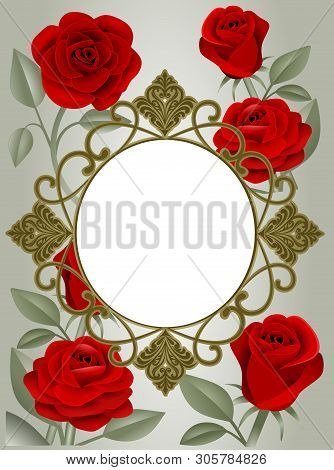 Golden Round Frame With Red Roses Invitation Card Background