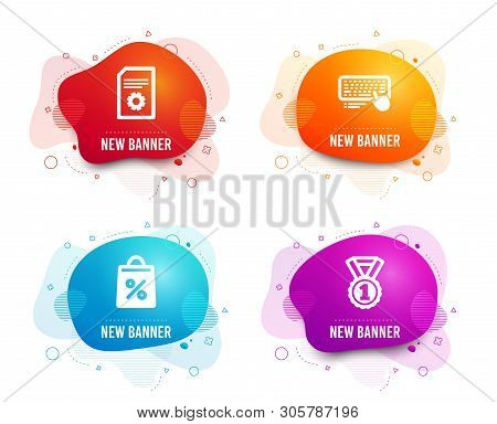Liquid Badges. Set Of File Settings, Computer Keyboard And Shopping Bag Icons. Best Rank Sign. File 