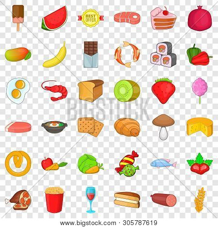 Fresh Fruit Icons Set. Cartoon Style Of 36 Fresh Fruit Vector Icons For Web For Any Design